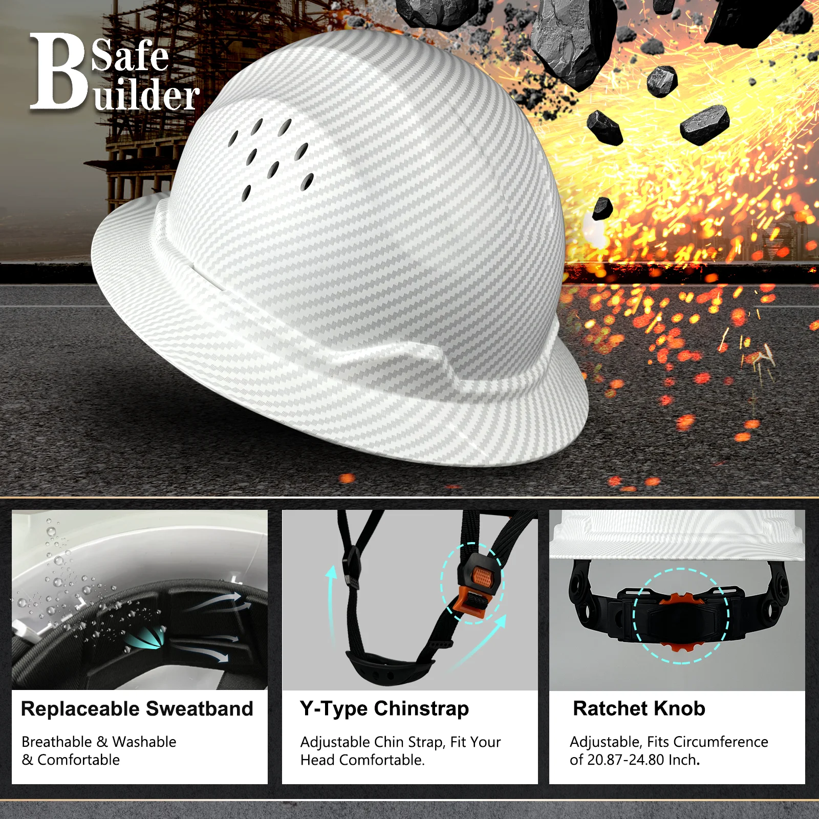 Full Brim fibra de carbono Hard Hat, ajustável e confortável capacete de segurança, durável Hardhat construção, catraca ANSI