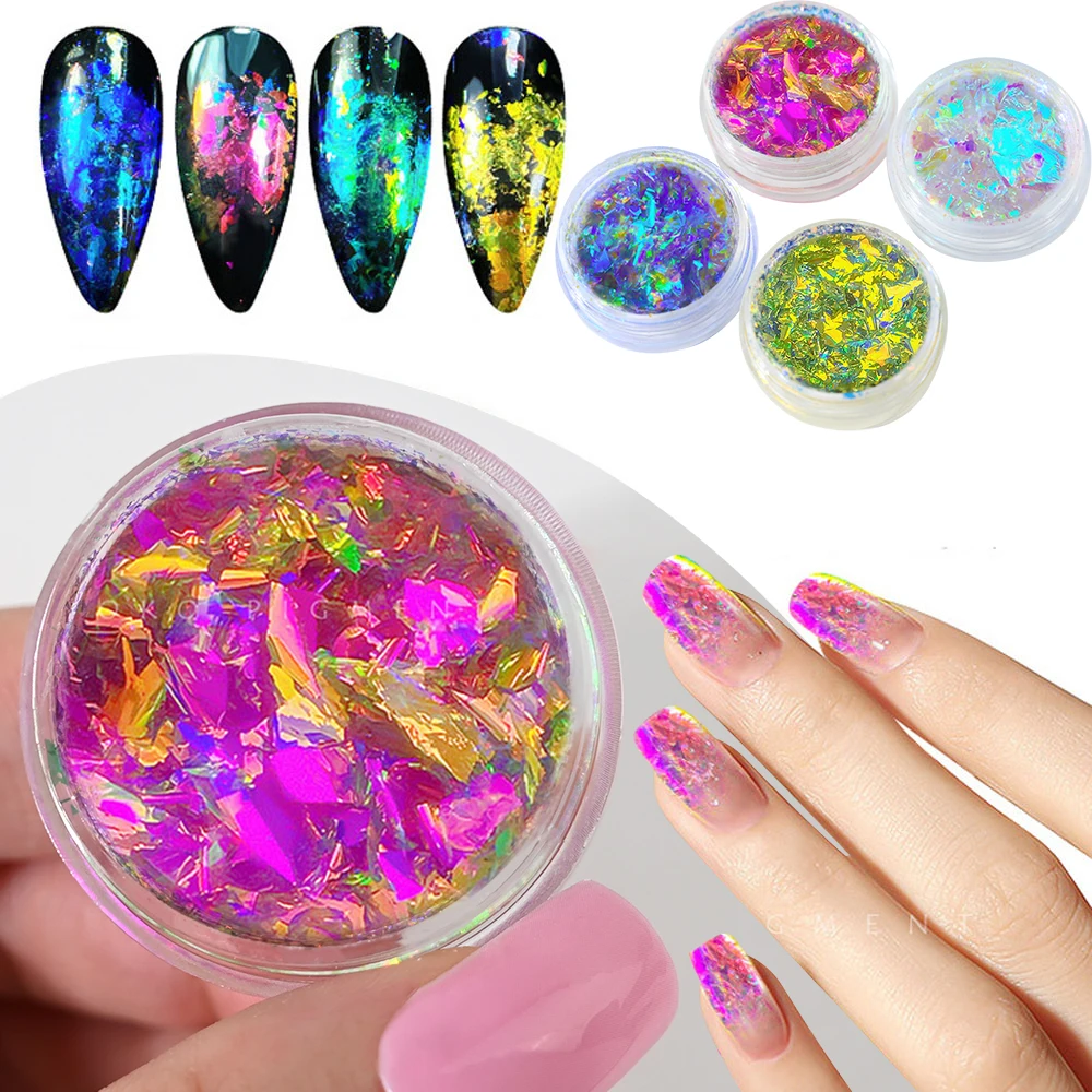 1Jar Chameleon Aurora Nail Art Opal Powder Irregular Magic Mirror Mermaid Chrome Pigment Flakes Sparkly Cloud Brocade Sequins *&
