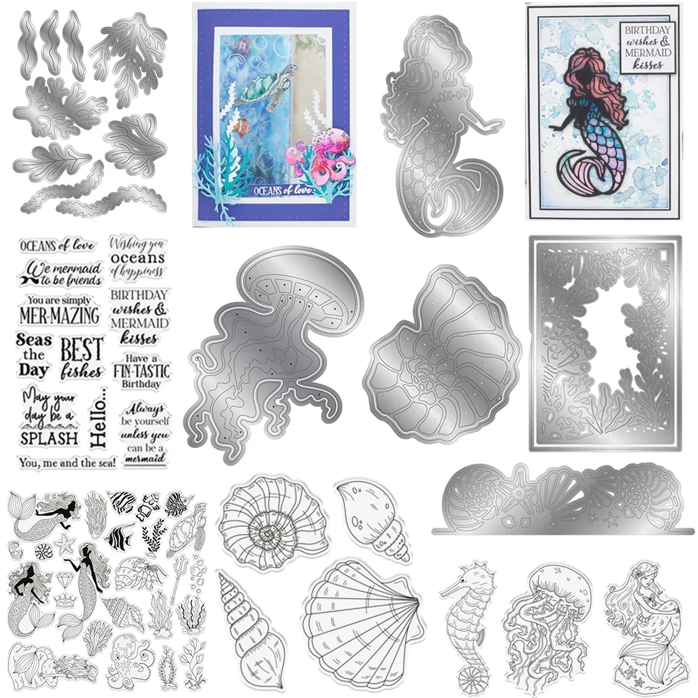 Enchanted Ocean Collection Stanzformen und Stempel, Meerjungfrau, Muschel, Oktopus, gestanzter Stempel für DIY Scrapbooking, Karten, Basteln, Neu