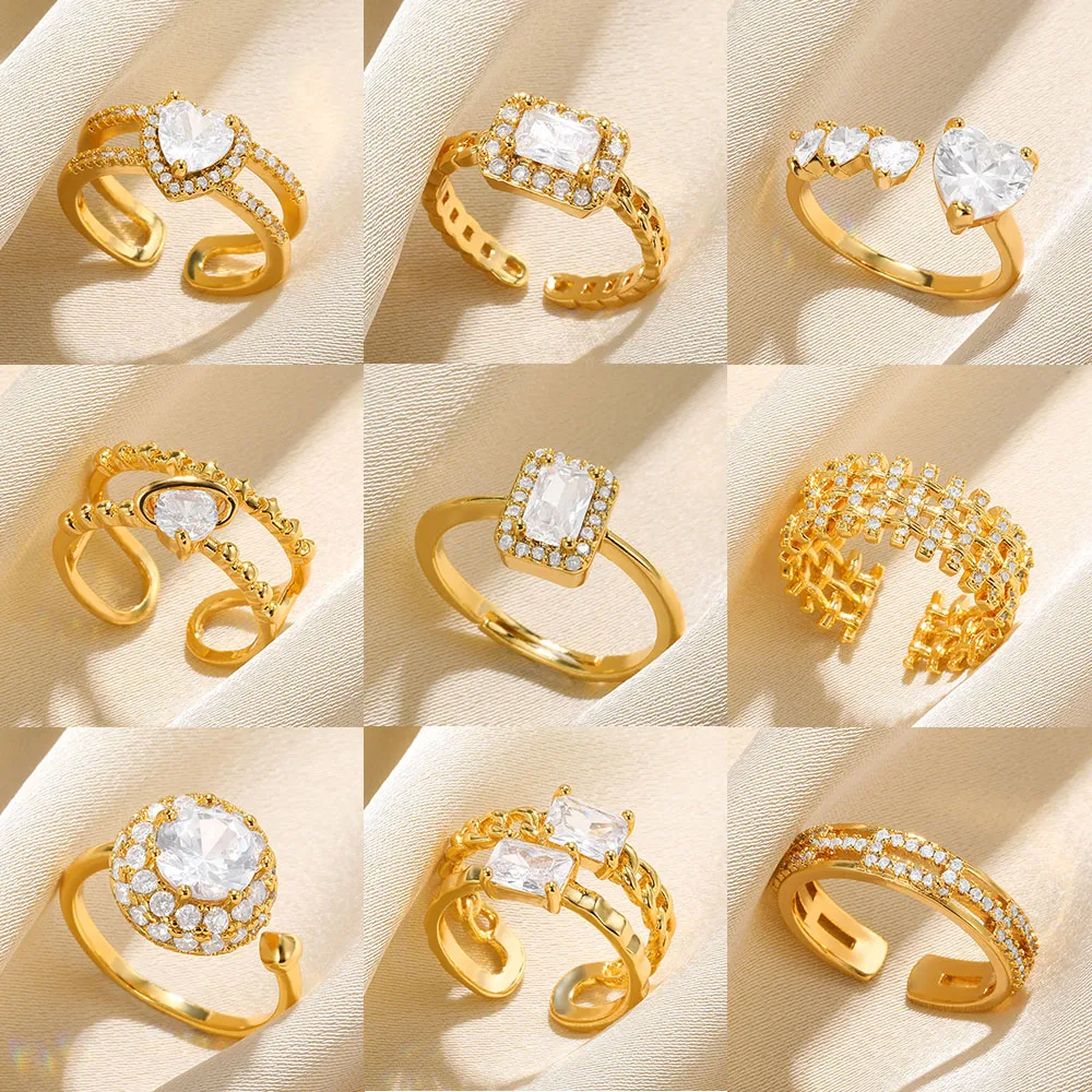 

Zircon Wedding Rings For Women Gold Color Square Heart Adjustable Stainless Steel Ring Fashion Party Jewelry Gift