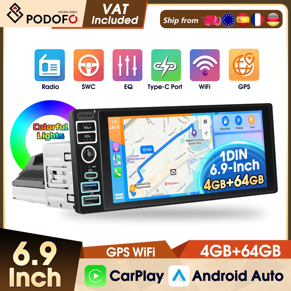 Podofo 6,9 Zoll 1 Din 4+64G Intelligentes Auto-System Kabelloses Carplay Android Auto Mirror Link GPS WIFI EQ FM RDS AI DSP Autoradio