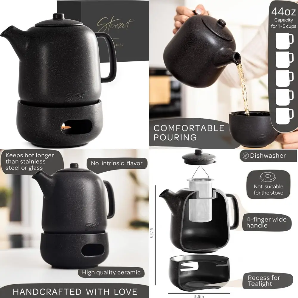 

Ceramic Tea Pot with Infuser, 44 oz Capacity, Premium for Loose Leaf Tea, Black Design with Warmer, Ideal for Tea Enthusiasts