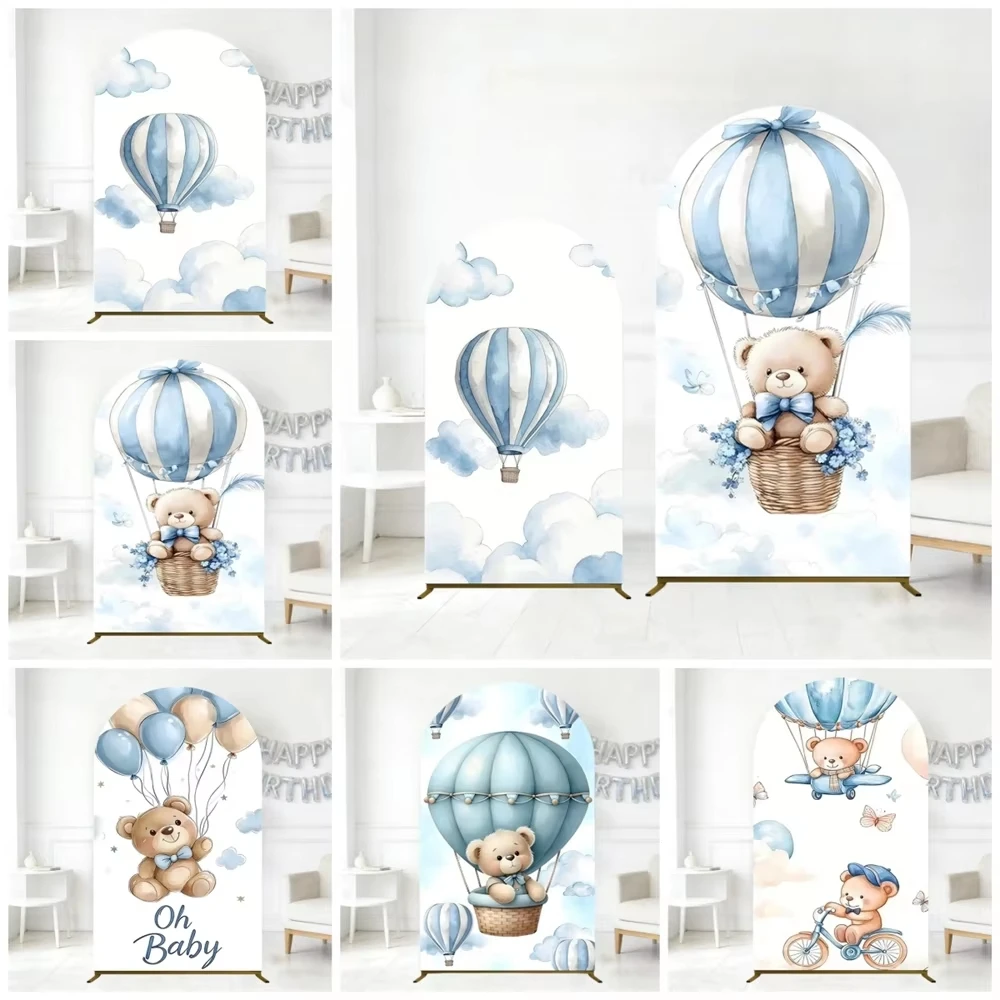 Décoration d'anniversaire Ours Bleu : Housse d'arche de fond, Ballons à air chaud et Nuages pour Fête de 1er Anniversaire Garçons et Baby Shower, Arrière-plan Photo