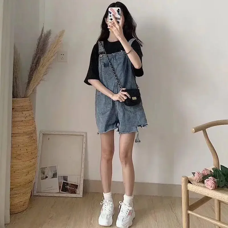 Summer New Korean Version of Loose Age-reducing High-waist Wide-leg Jeans Fashion Shorts Bib Female Trend Women Jeans