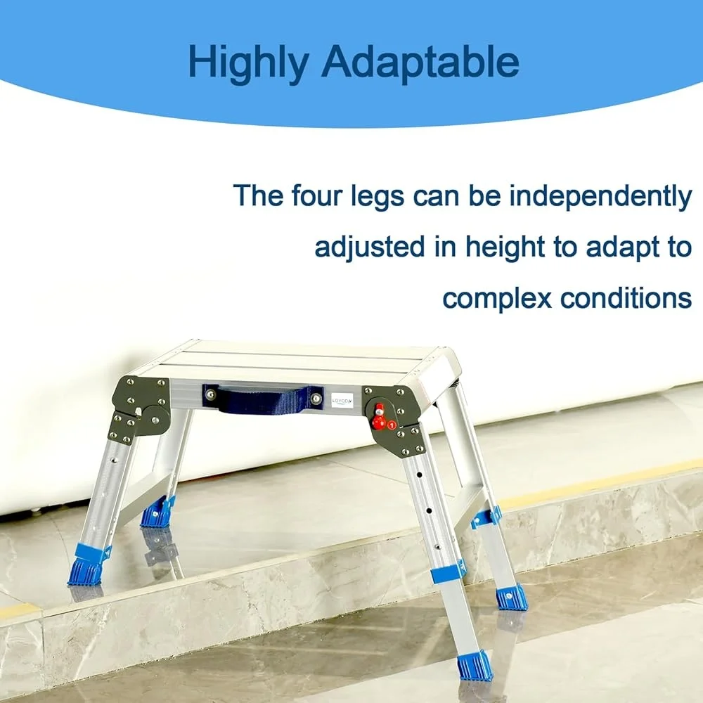 Folding Step Stool Adjustable Height Portable Lightweight Aluminum Work Platform Tool-Free Assembly Durable Indoor Outdoor Use