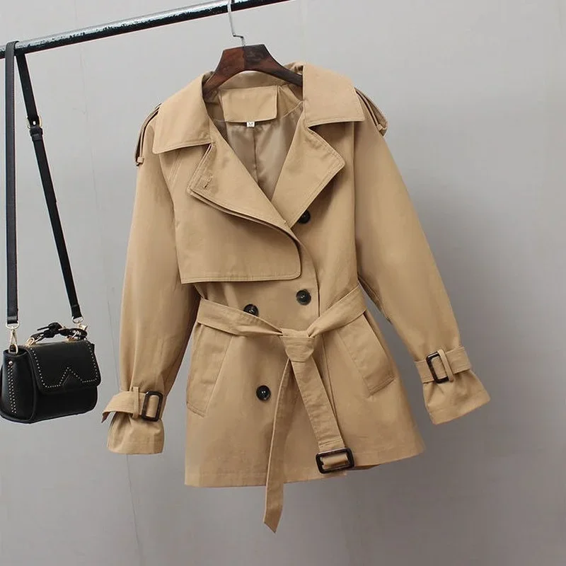 M-3XL Trench Women Elegant All-match Double Breasted Notched Fashion British Style Defined Waist Cropped Coats Femme Romantic