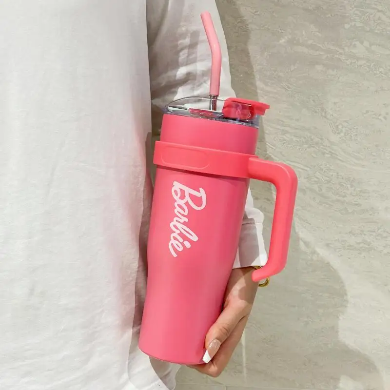 Barbie Fashion Pink Thermal Insulation Ice Cup Anime Kawaii Girls Portable Large Capacity Thermos Cold Water Straw Bottle Gifts