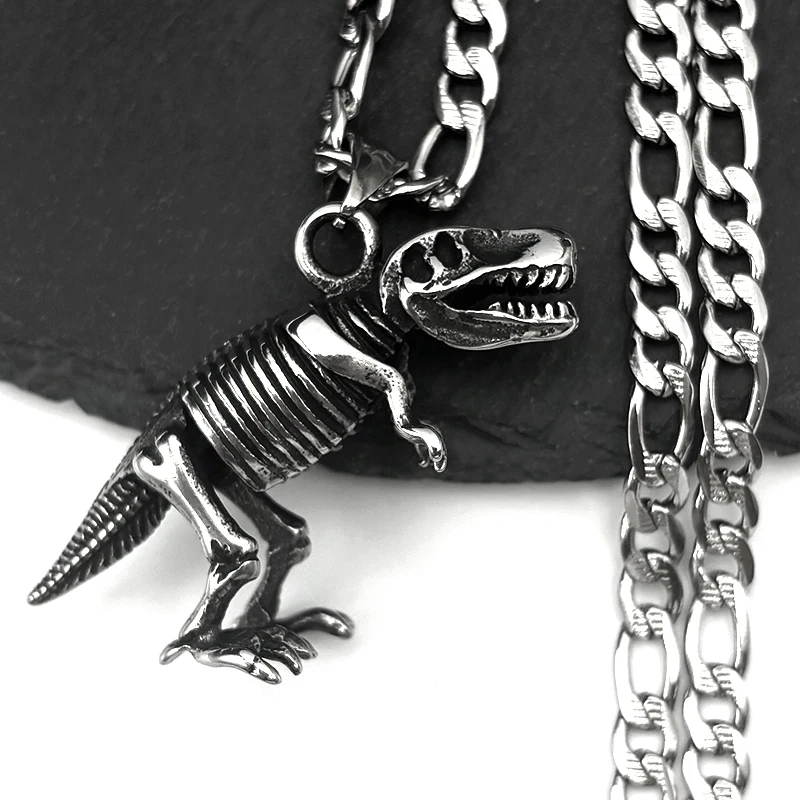 

Hiphop Dinosaur Skull Pendant Necklace For Women Men Stainless Steel Black Color Skeleton Animal Dark Punk Male Chain Jewelry