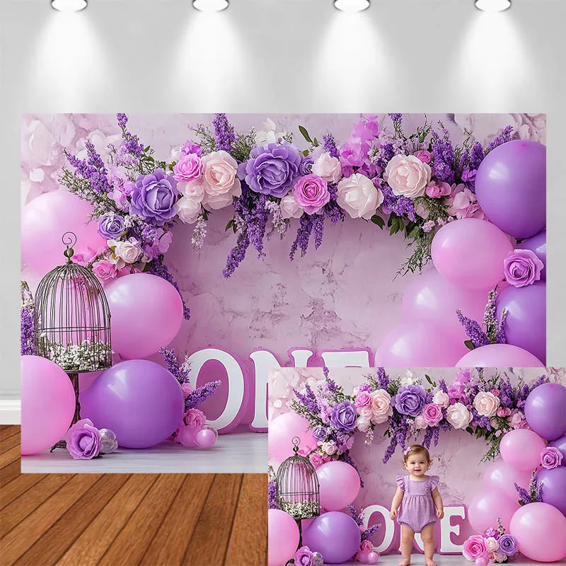 

LS Photography Background Purple Flower Balloons 1st Decor Birthday Baby Shower Cake Smash Kids Portrait Photo Backdrop Studio