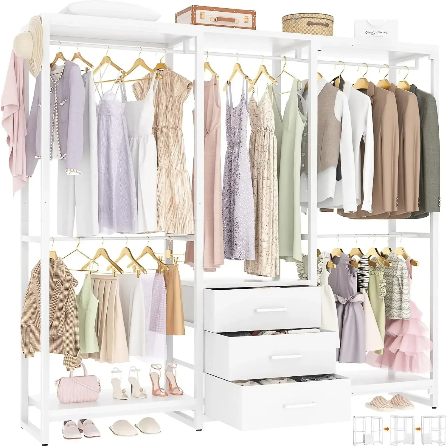 Garment Rack Heavy Duty Clothes Rack for Hanging Clothes,Clothing Rack with Drawers, Wood Stoarge Shelf Freestanding Closet