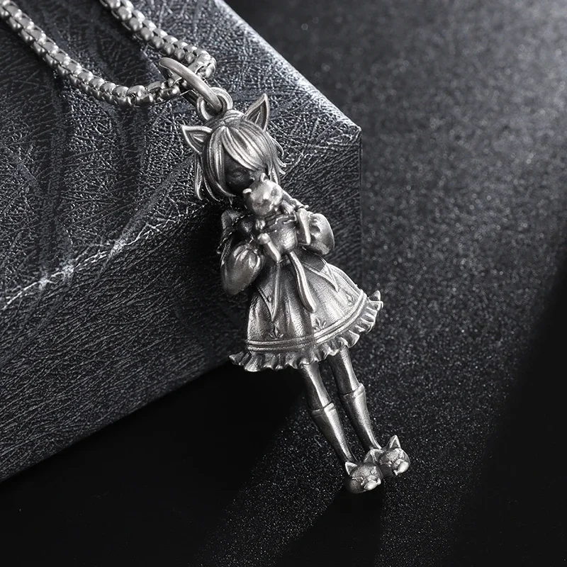 Cute Beautiful Girl Holding A Cat Cartoon Figure Cosplay Pendant Necklace for Women Men Retro Punk Fashion Couple Jewelry Gifts