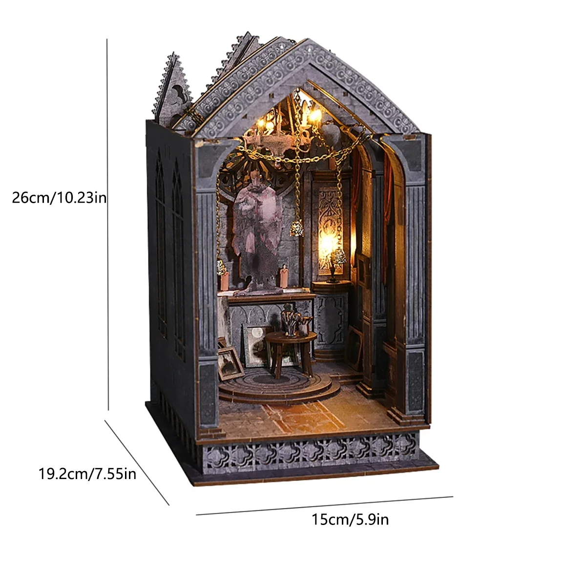 Bookshelf Set Micro Assembly Model Gothic Architecture Doll House DIY Handmade Toy Set with Lights, Home Bedroom Insert Decorati