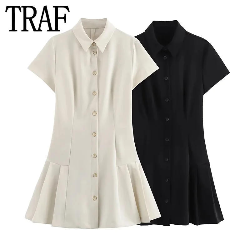 TRAF Pleated Shirt Dress Woman Black Short Dresses For Women 2024 Fashion Summer Short Sleeve Mini Dress Ruched Casual Dresses