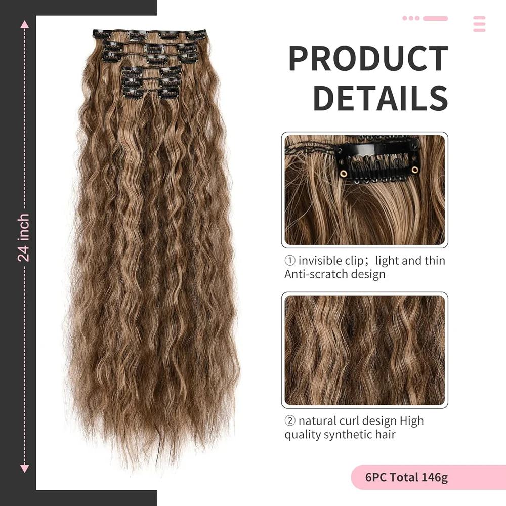 24 Inch Clip In Hair Extensions 6PCS Hair Extensions Long Water Wave Hair Full Head Synthetic Clip On Hairpiece For Women Girls