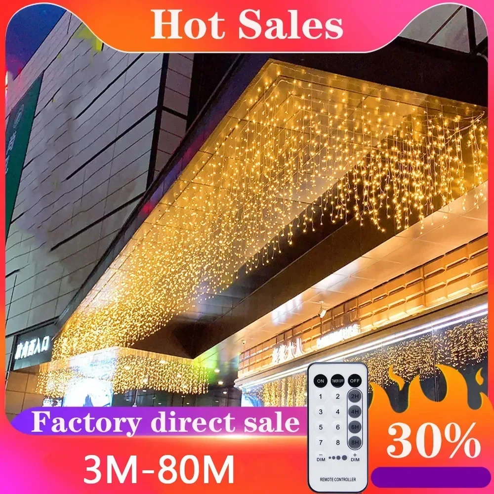 

New Year Christmas Decorations For Home Outdoor Waterproof LED Curtain Icicle String Lights Street Garland On The House Winter