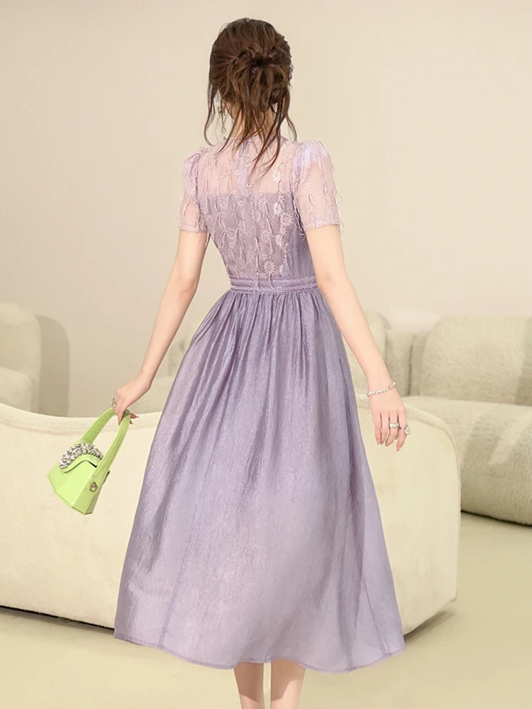 Sukienka damska fioletowa imitacja dwuczęściowej koronki z kwiatowym wzorem, prześwitująca, z dekoltem typu O, dopasowana, w kształcie litery A, elegancka, na imprezę, studniówkę, urodziny, vestido, robe, retro.