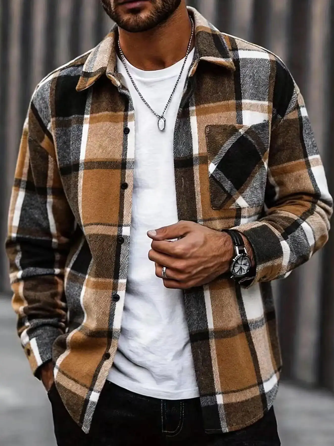 Men's Plaid Long Sleeve Shirt Jacket Open Front Button-Up Cardigan Coat Casual Fashion Outerwear