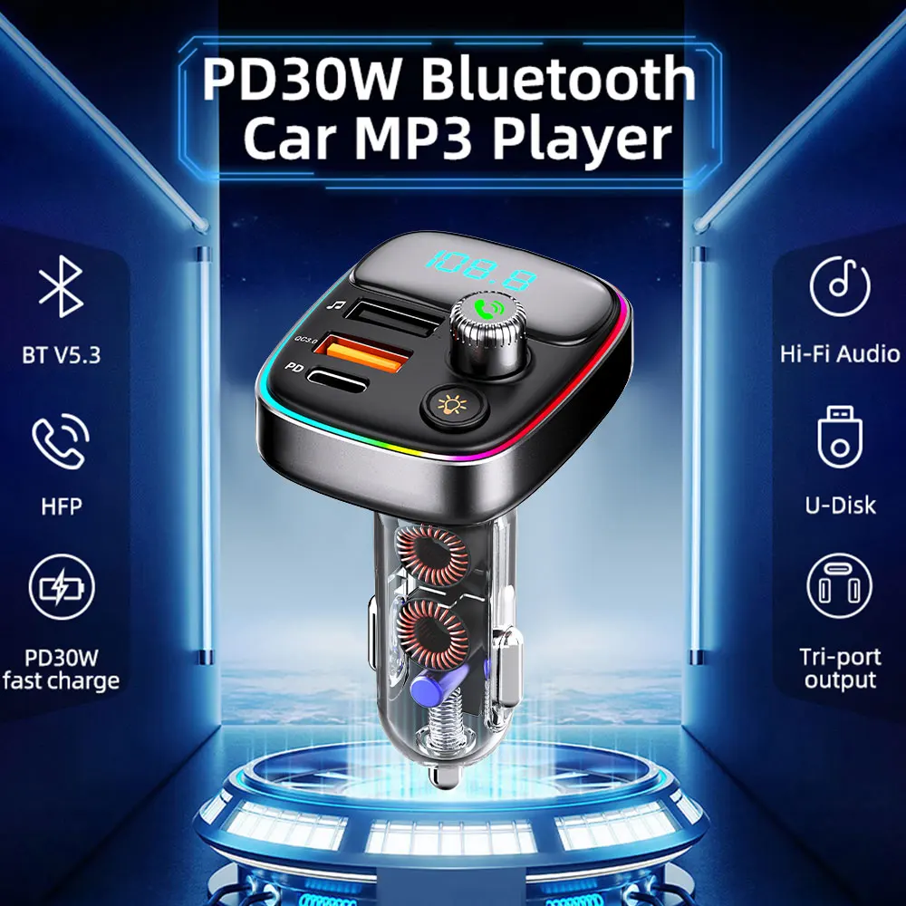 Car Charger Bluetooth 5.3 FM Transmitter Handsfree Call MP3 Player 36W PD QC3.0 Quick Charge Adapter with Colorful Lights