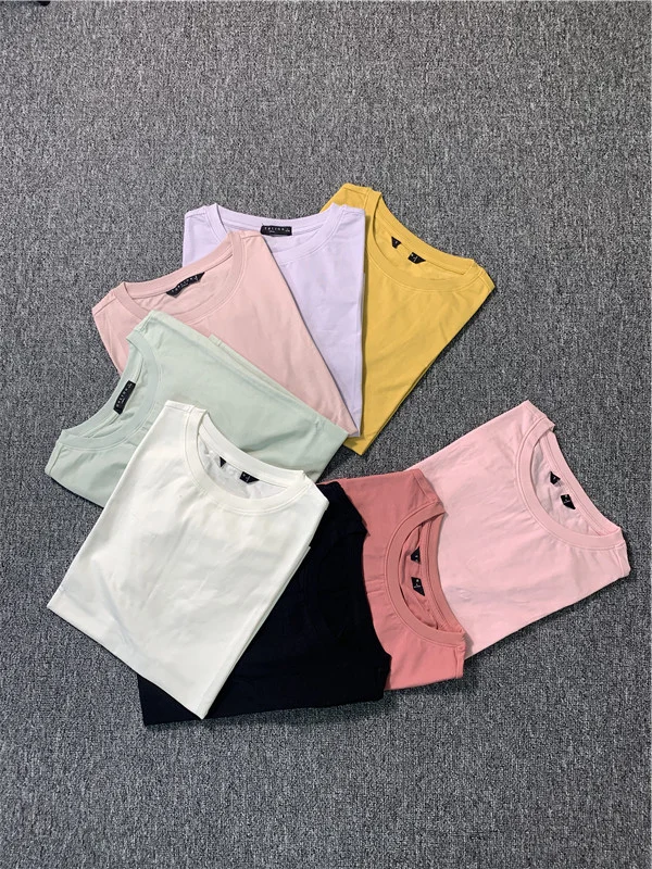 

Ladies Summer Cool Cotton Lycra Elastic Smooth Color Versatile Basic ort Sve T-irt Fre Sle Daily Wear