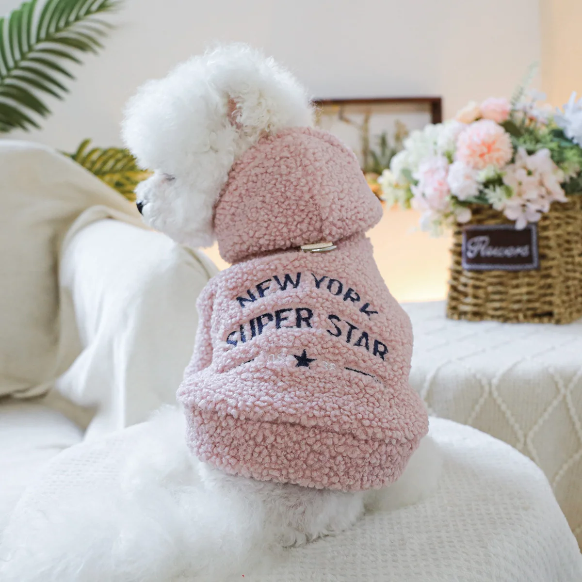 1PC pet clothing autumn and winter thick velvet coffee pink New York starlight hat jacket suitable for small and mediumsized dog