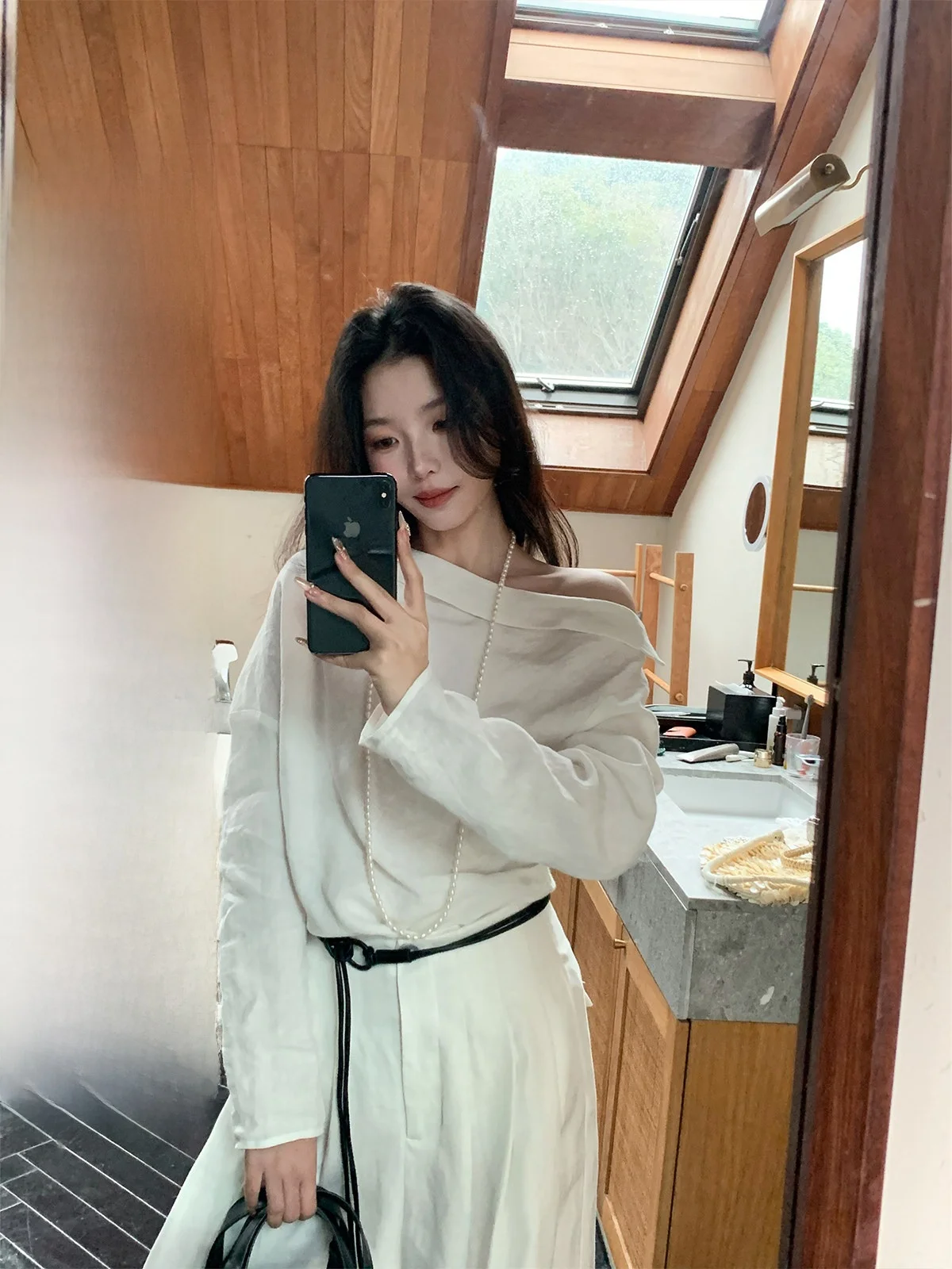 

Iceollo Ladies' Linen irt oulder Bared One-oulder Top Sweet Sle Slim Fit Long Sve Pure Color Spring Faion