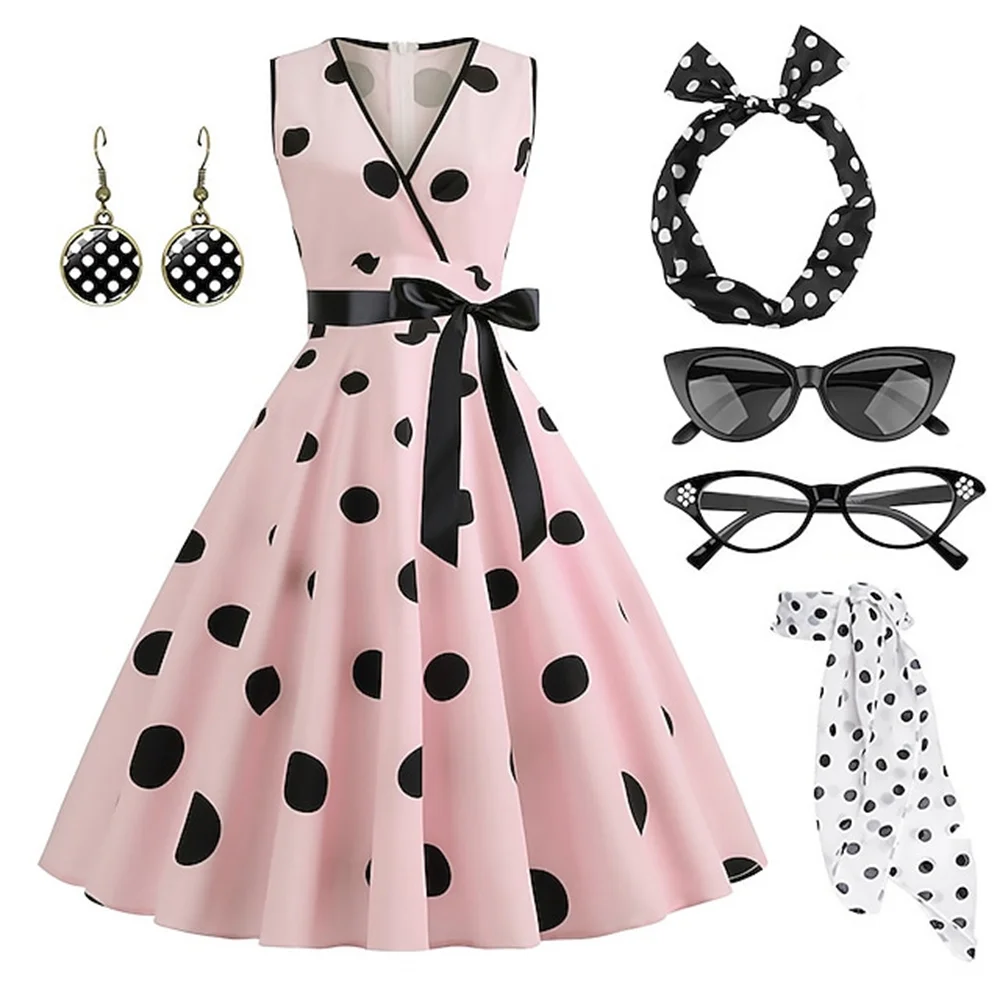 1950s 60s Women's Rockabilly Dress Polka Dots Swing Flare Dress with Accessories Set Earrings Glasses Gloves Party Dresses