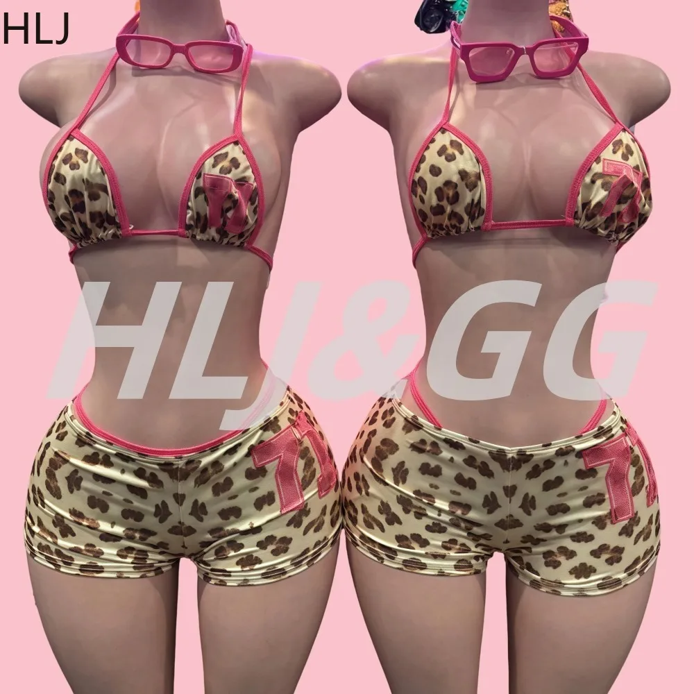 FAGADOER Y2K Sexy Leopard Print Woman 3 Piece Set Outfit Spaghetti Strap Lace Up Crop Tops + Slim Shorts Female Holidayswear New