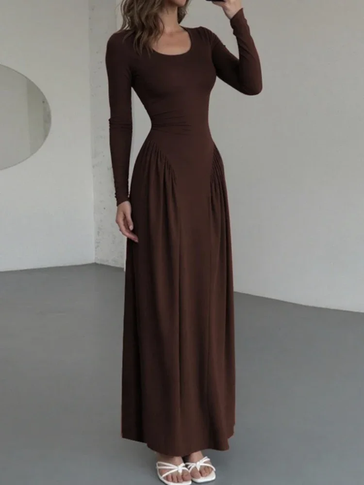 

Elegant U-Neck Long Dress Solid Long Sleeves Flared-Waist Slimming Party Dress Evening Female Fashion Maxi Dress 2025 New