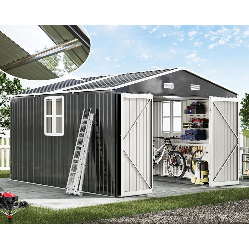 10x12x7 FT Galvanized Steel Storage Shed with 2 4-Pane Windows Hinged Double Doors, Outdoor Shed for Backyard, Garden