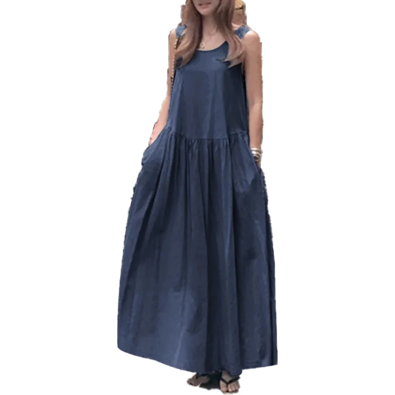 Women\'s Dress 2025 Summer Cotton and Linen Casual Round Neck Sleeveless Large Size Loose Solid Color Vest Long Swing Dress