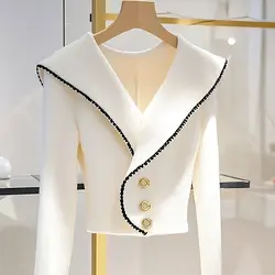 Luxury High-end White Knitted Cardigan Lapel Design Women Clothing Trends Autumn Korean Slim Short Sweater Tops Long Sleeve Coat