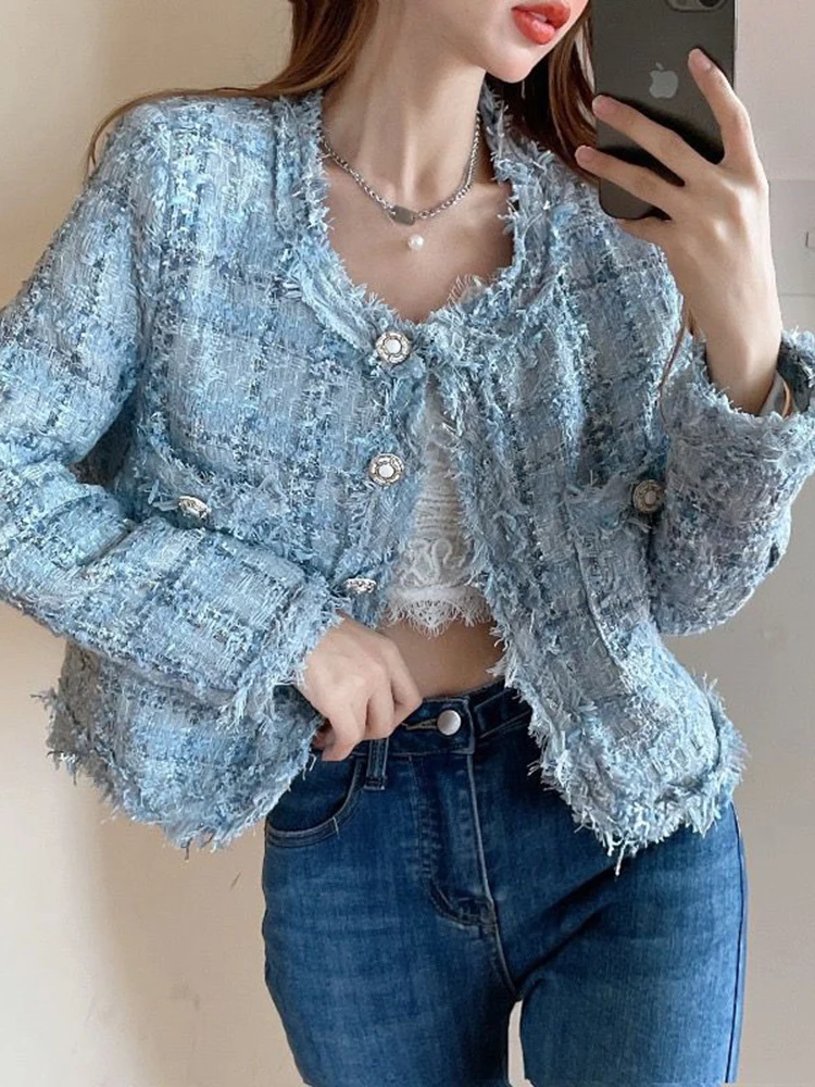 

Корейский шикарный тонкий твидовый жакет с кисточками, женское повседневное милое короткое пальто с длинными рукавами, модное короткое пальто с круглым вырезом, элегантный дизайн, клетчатые топы, новинка