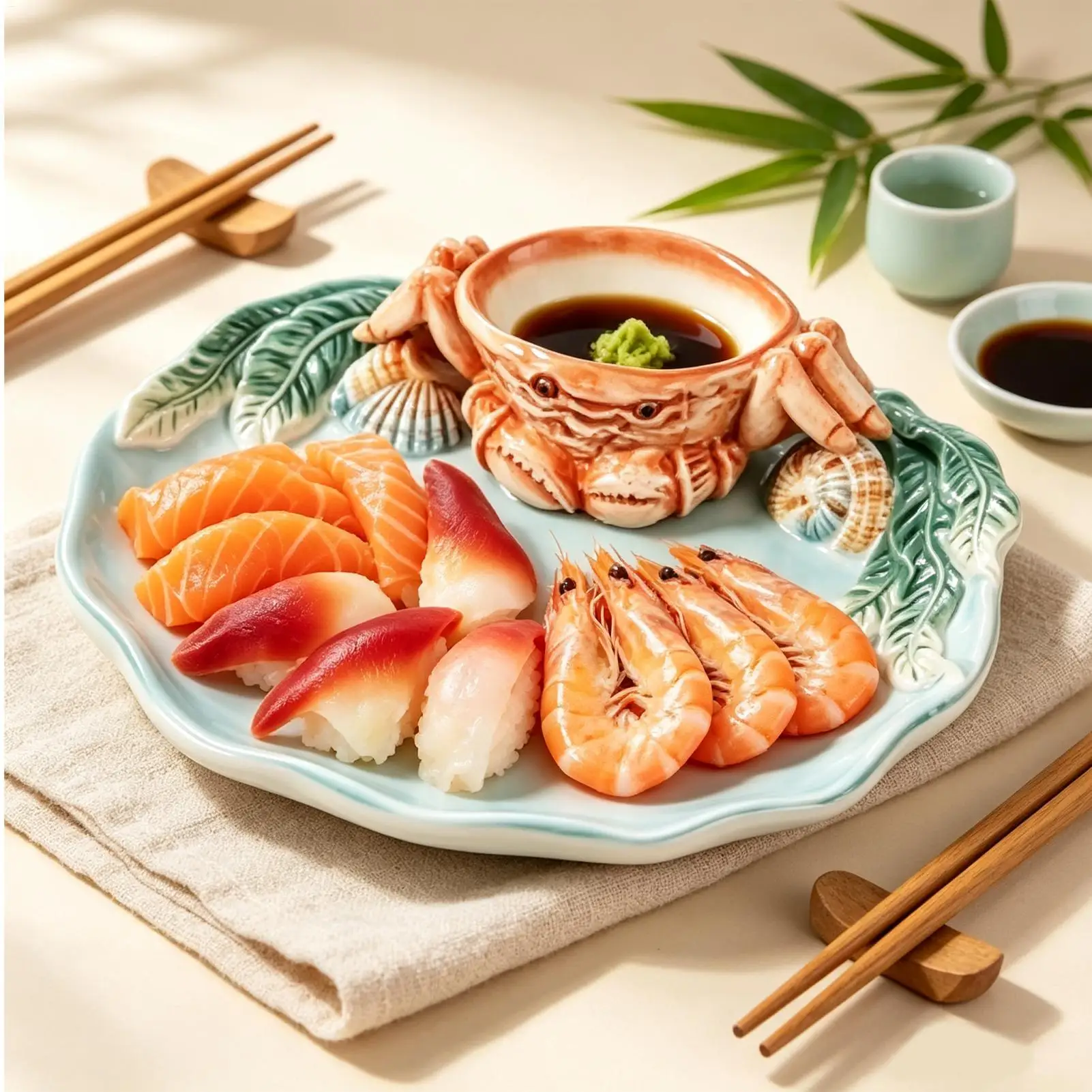 Ceramic Crab Sushi Plate With Dipping Bowl, Hand-painted Coastal-themed Seafood Platter, For Serving Dumplings, Chips, Appetizer