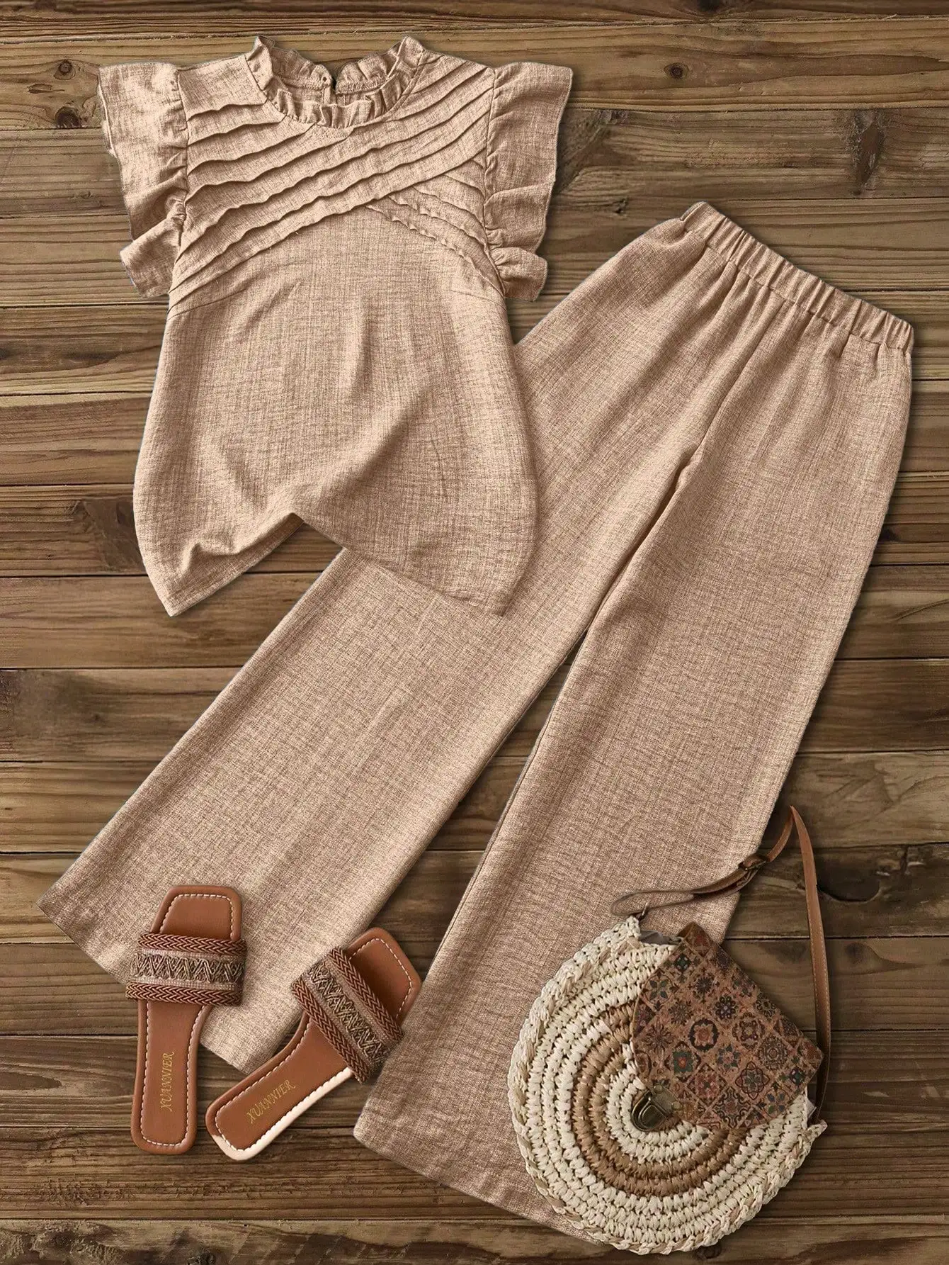 

Women's Casual Beige Asymmetrical Pleated Ruffle Cap Sleeve Top And Elastic Waist Straight Leg Pants Set