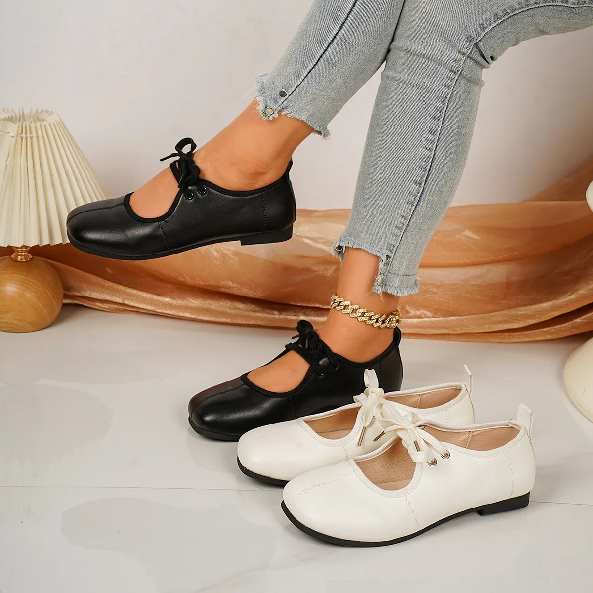 36-43 Size Spring-autumn Women's Casual Black Extra-large Soft-soled Lace-up Comfortable Women's Flat Leather Shoes Woman Shoes