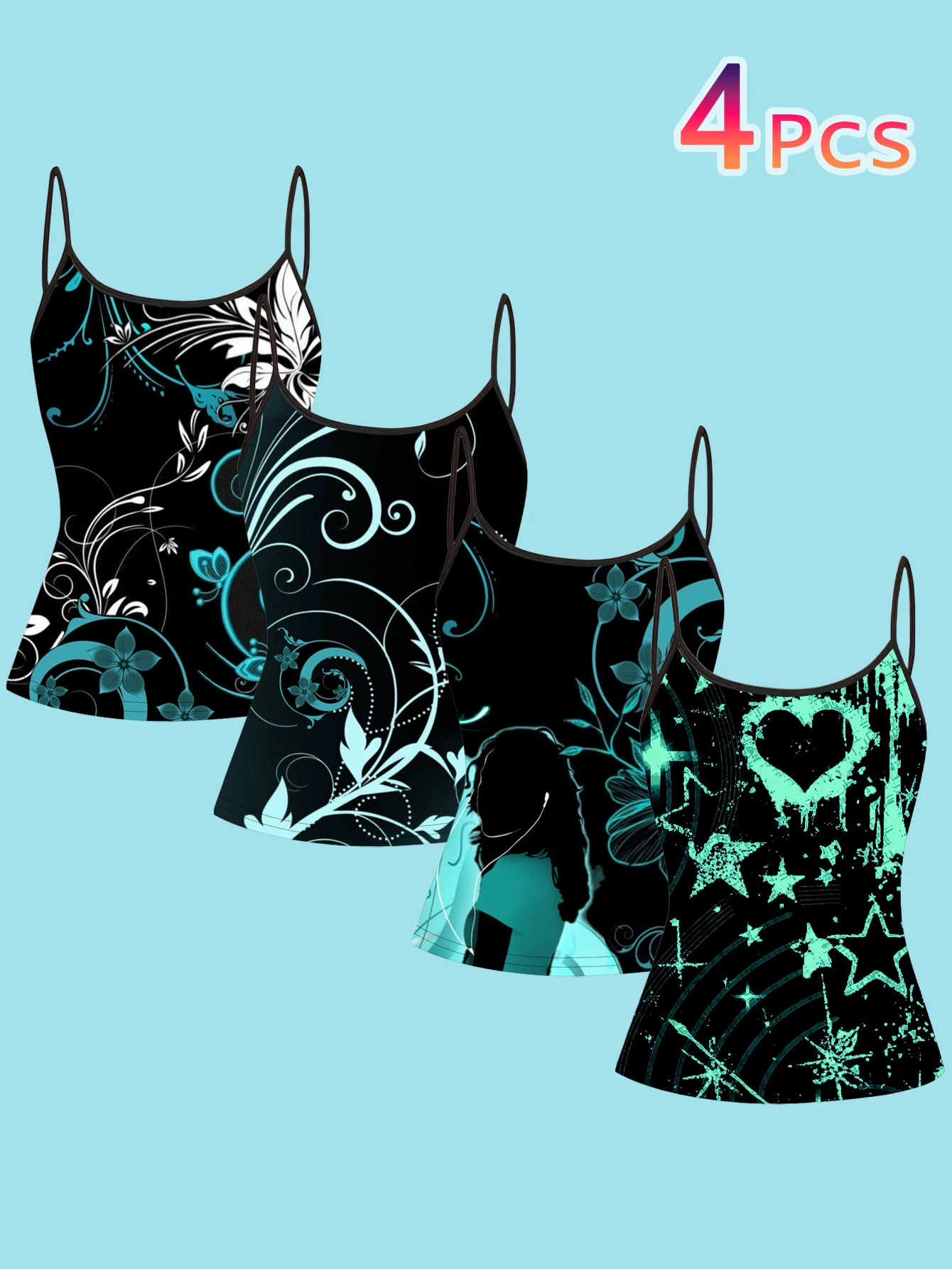 4-Piece Set of Women's Black Base Camisole with Blue Floral Vine Print, Slim-Fit Inner Layering Top