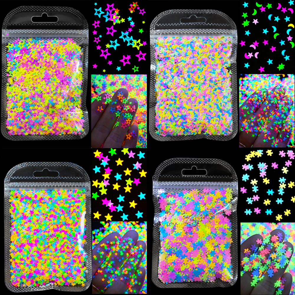 10g brilho neon estrela prego glitter fluorescência lantejoulas ultra-fino colorido misto quebra-cabeça borboleta decoração de unhas lantejoulas natal