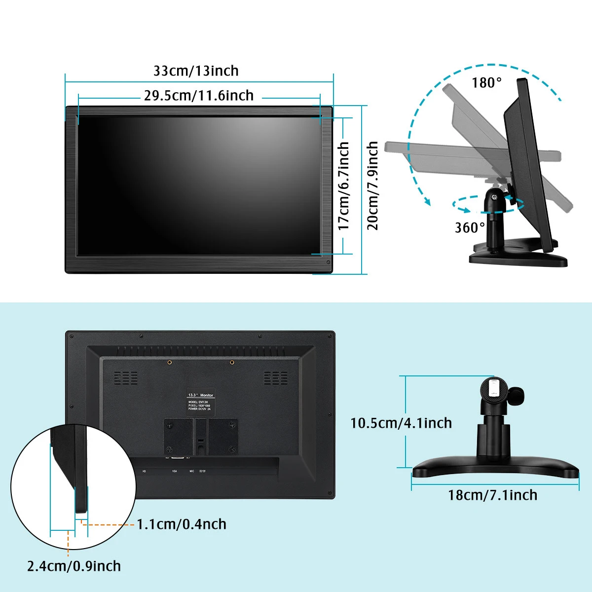 Imagem -06 - Miktver 13.3 Polegada 16:9 Monitor de Computador Desktop 75 Ntsc Lcd com Alto-falantes Full hd 1920x1080 Suporte Hdmi Vga Entrada de Áudio