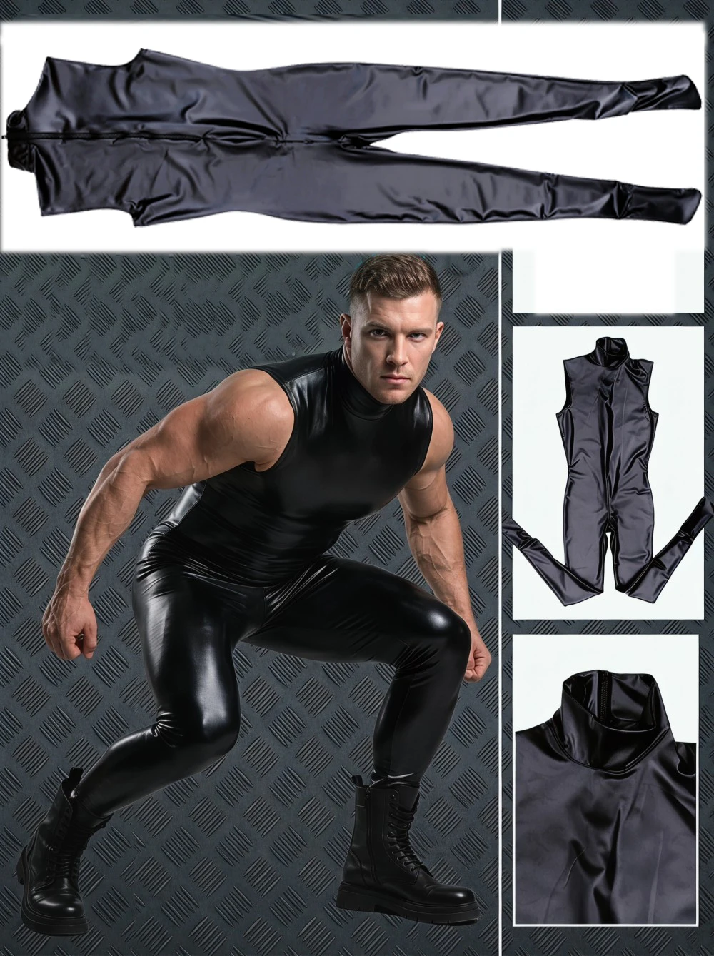 

Stylish Man Tight Leotard Sleeveless Jumpsuit Faux Latex Catsuit Elastic PU Leather Tank Bodysuit Bodystocking Unitard Conjoined