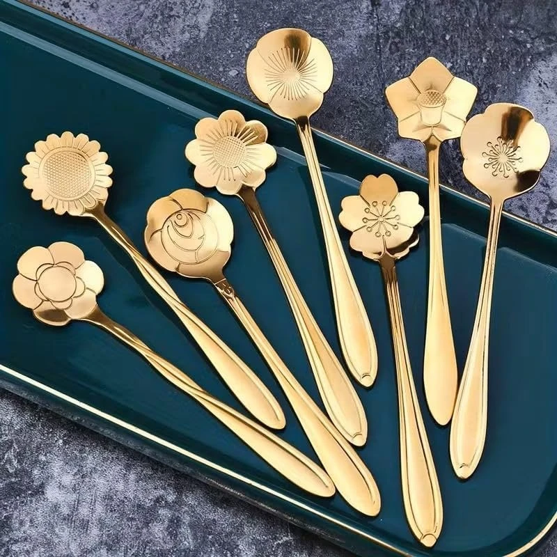 6Pcs Stainless Steel Flower Shape Spoons Golden Long Handle Random Type  Dessert Coffee Mixing Spoon (8 Types in Total)