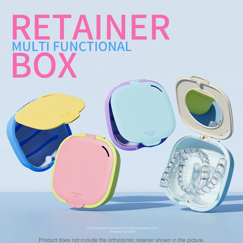 Vibrant Dopamine Dental Brace Box with Mirror and Drainage Basket, Portable and Compact Retainer Case, Denture Storage Box