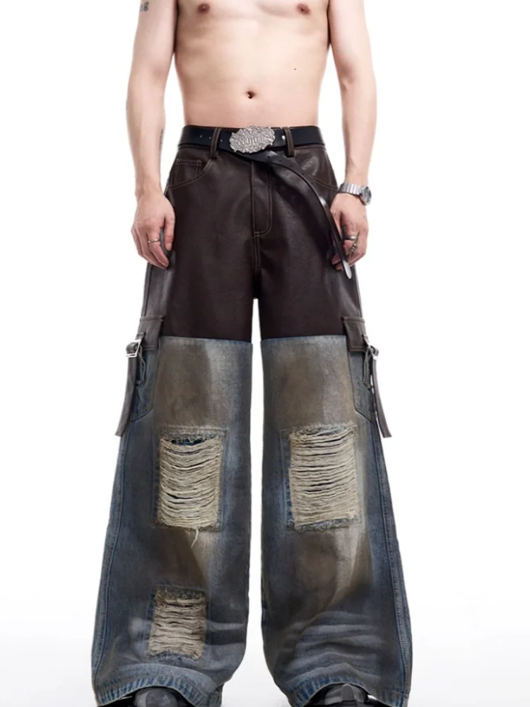 

Уличная одежда в американском стиле ретро Y2K 2023, потертые синие лоскутные мешковатые рваные джинсы-карго, брюки, мужская одежда, прямые джинсовые брюки