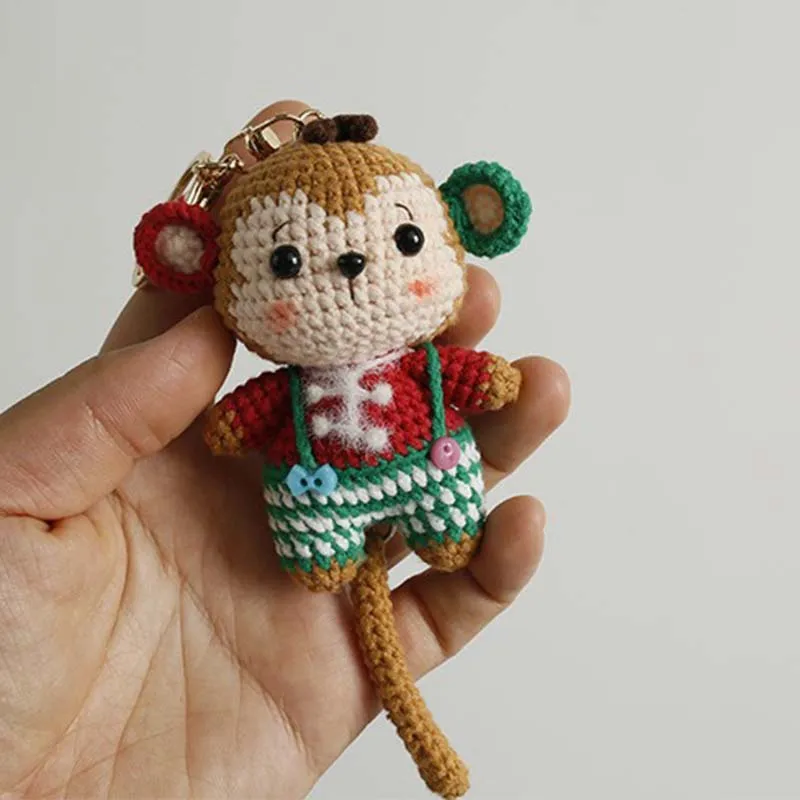 Handmade Charming Crochet Christmas monkey doll Keychain, Cute Handmade Plush Figure for Car and Bag