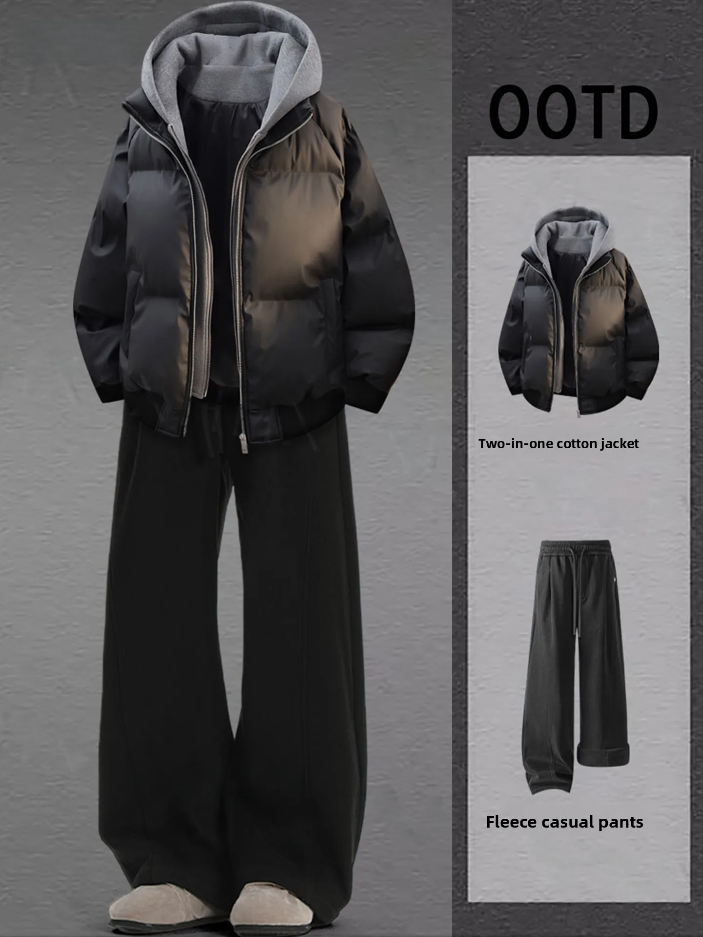 

Casual Thiened ort Cotton Jaet PU Leather Fake Two-Piece Men's Winter Faion Brand Hong Kong Sle Hooded Coat And Kni...