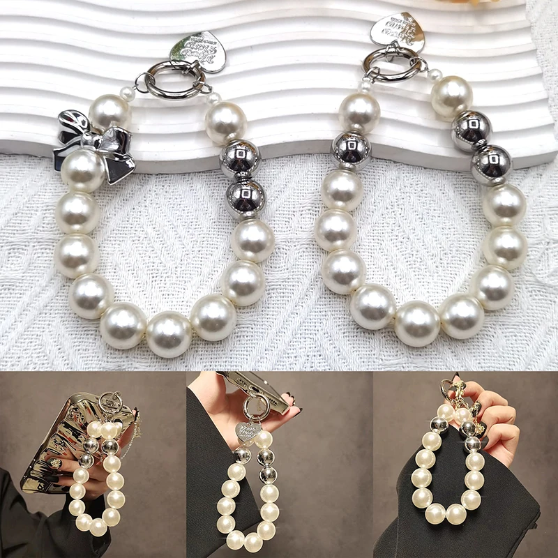 Fashion Bow Pendant Telephone Lanyard Acrylic Pearl Metal Beaded Strap For Anti-Loss Cellphone Jewelry Hanging Keychain