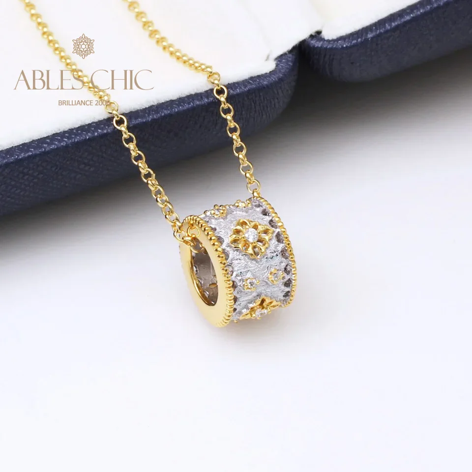 

Ables Chic 925 Solid Silver Handmade Gold Two Tone Filigree Pendant CZ Lace Fabric Finish Necklace Italian Vintage