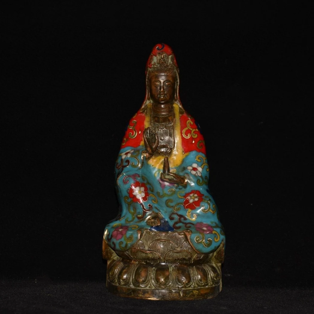 

10"Tibetan Temple Collection Old Bronze Cloisonne Clean Bottle Guanyin Bodhisattva Buddha lotus platform Worship hall Town House