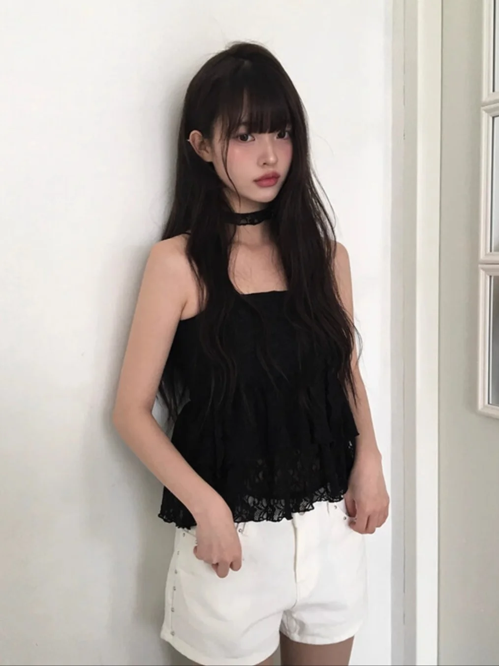 

Unique SEI Korean Sle Pure Desire Lace Slimming Versatile Strapl Top Casual Loose Waed Wide Leg Jeans Women's Faion