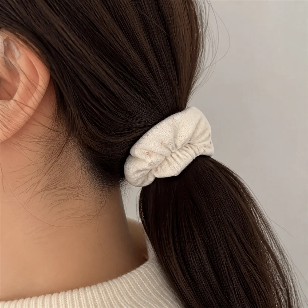 Cream Pink Bow Petite Floral Single-Layer Scrunchie Handmade Elastic Hair Tie for Ponytail and Bun 3