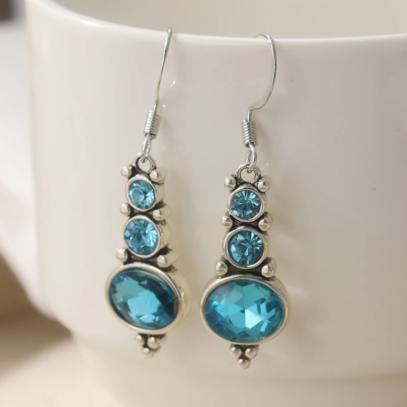 Vintage Silver Color Sea Blue CZ Dangle Earrings Woman Circle Party Daily Wear